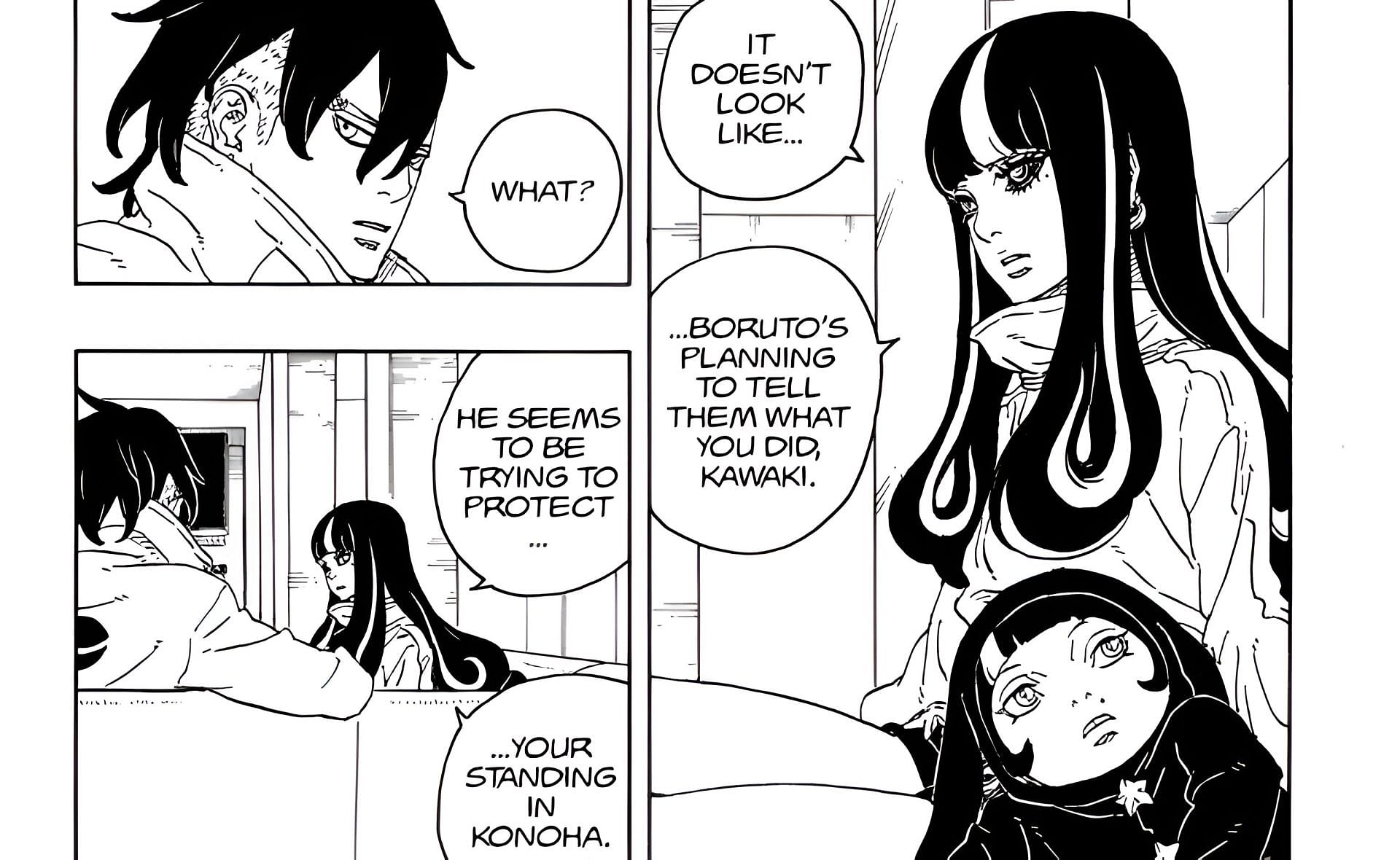 Eida and Daemon surprised after the protagonist kept Kawaki's act hidden (Image via Shueisha)